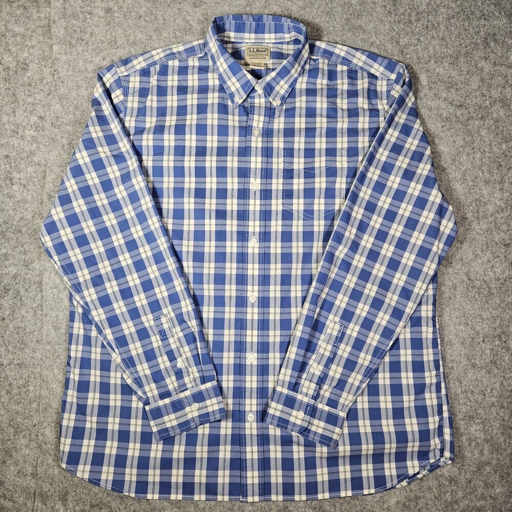 LL Bean Mens Blue Plaid Slightly Fitted Cotton Blend Button Down Shirt Sz XL Reg